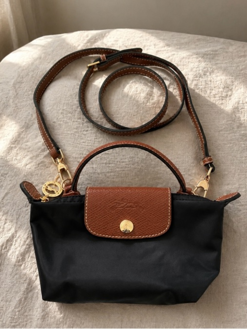 Longchamp Black Nylon Crossbody with Brown Leather Trim